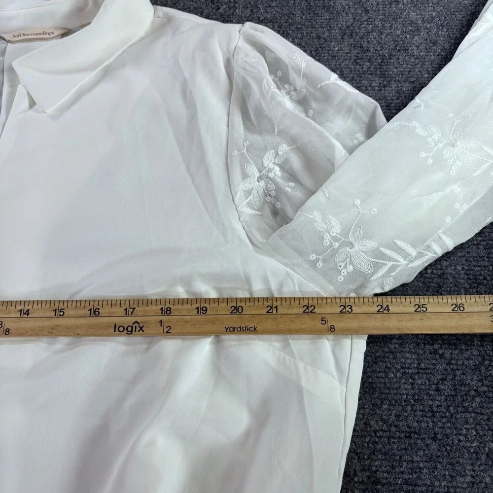 Soft Surroundings Blouse Womens 1X White Embroidered Sheer Sleeve‎ Button Up